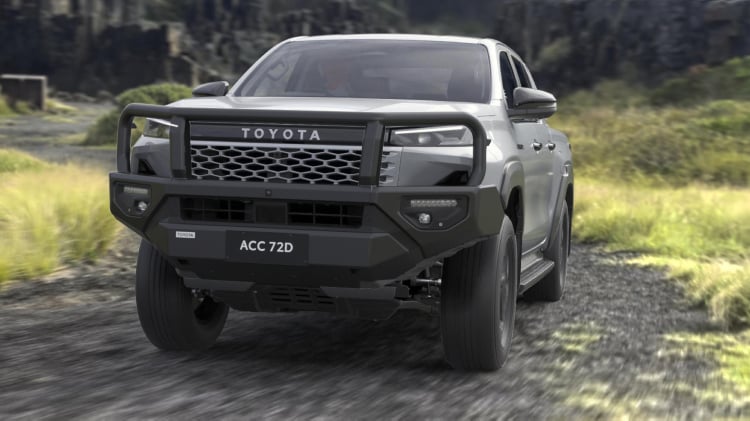 A grey HiLux fitted with a Toyota Genuine Bull Bar.